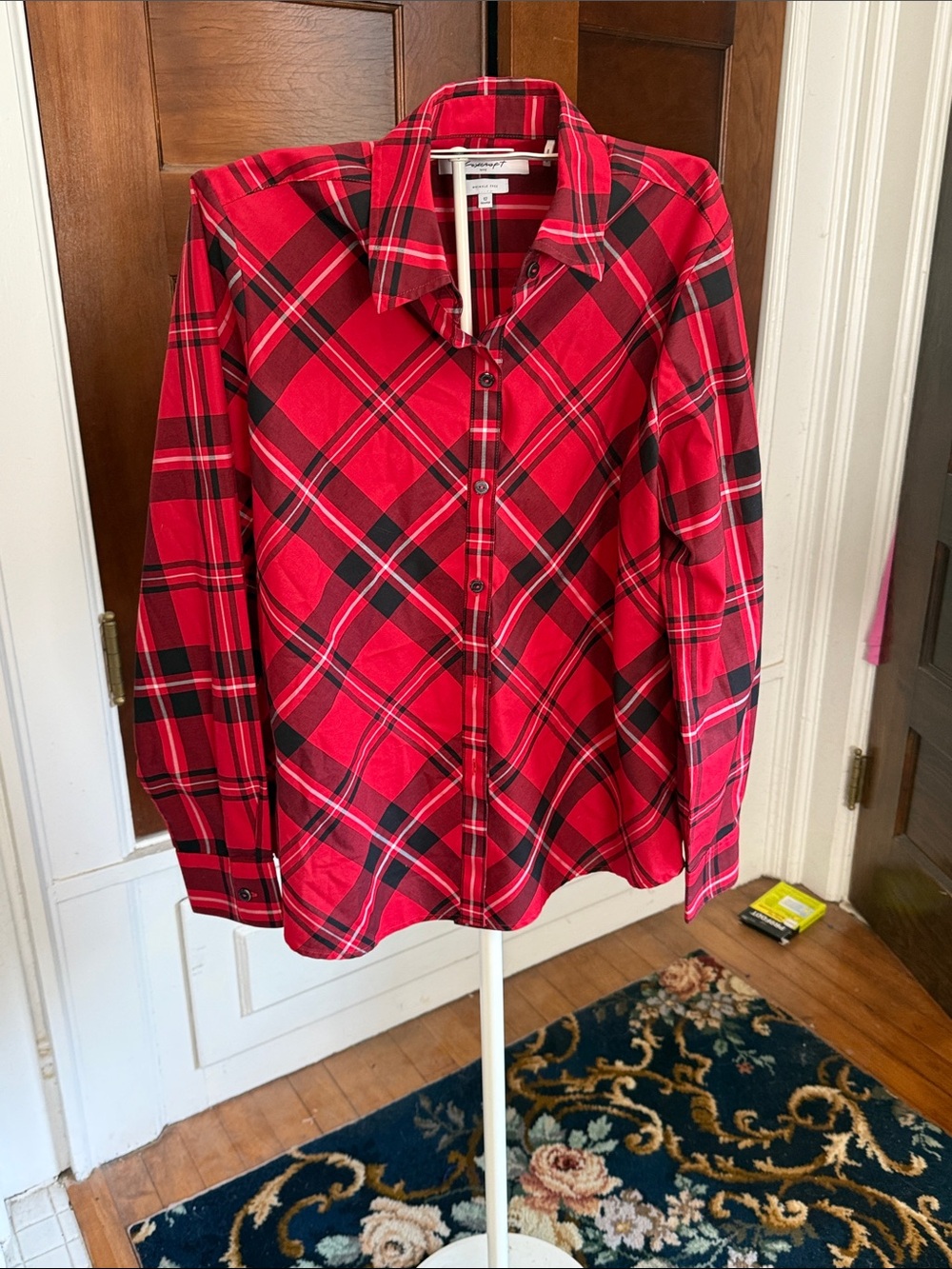 Foxcroft Red and Black Plaid Button-Up‎ top- worn once. 89 retail . Great shape!